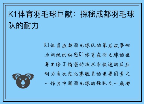 K1体育羽毛球巨献：探秘成都羽毛球队的耐力