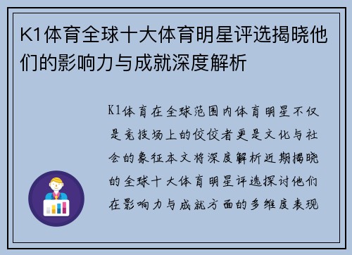 K1体育全球十大体育明星评选揭晓他们的影响力与成就深度解析